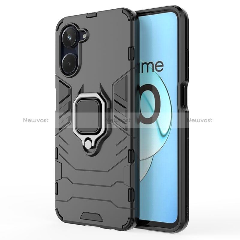 Silicone Matte Finish and Plastic Back Cover Case with Magnetic Finger Ring Stand KC2 for Realme 10 4G