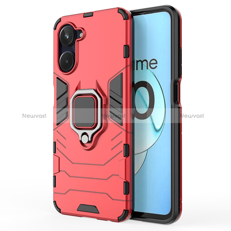 Silicone Matte Finish and Plastic Back Cover Case with Magnetic Finger Ring Stand KC2 for Realme 10 4G Red