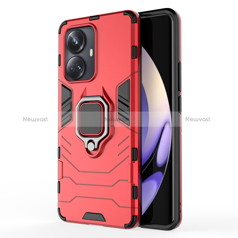 Silicone Matte Finish and Plastic Back Cover Case with Magnetic Finger Ring Stand KC2 for Realme 10 Pro+ Plus 5G