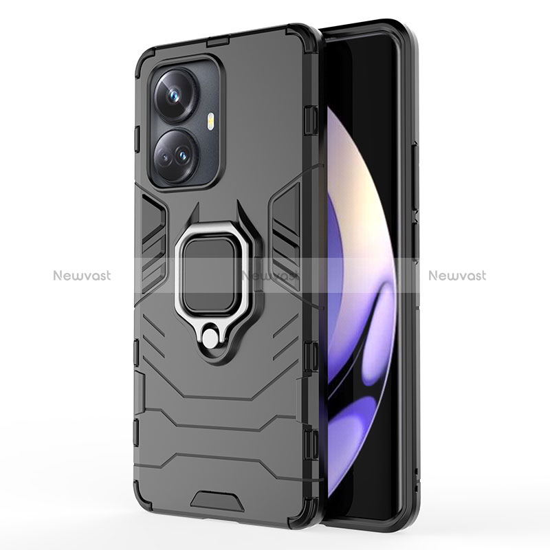 Silicone Matte Finish and Plastic Back Cover Case with Magnetic Finger Ring Stand KC2 for Realme 10 Pro+ Plus 5G Black