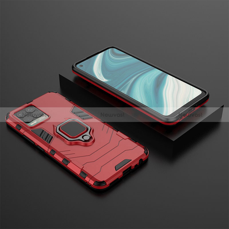 Silicone Matte Finish and Plastic Back Cover Case with Magnetic Finger Ring Stand KC2 for Realme 8 4G Red