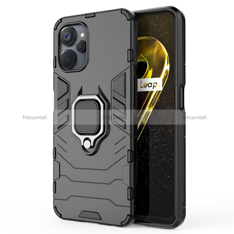 Silicone Matte Finish and Plastic Back Cover Case with Magnetic Finger Ring Stand KC2 for Realme 9i 5G