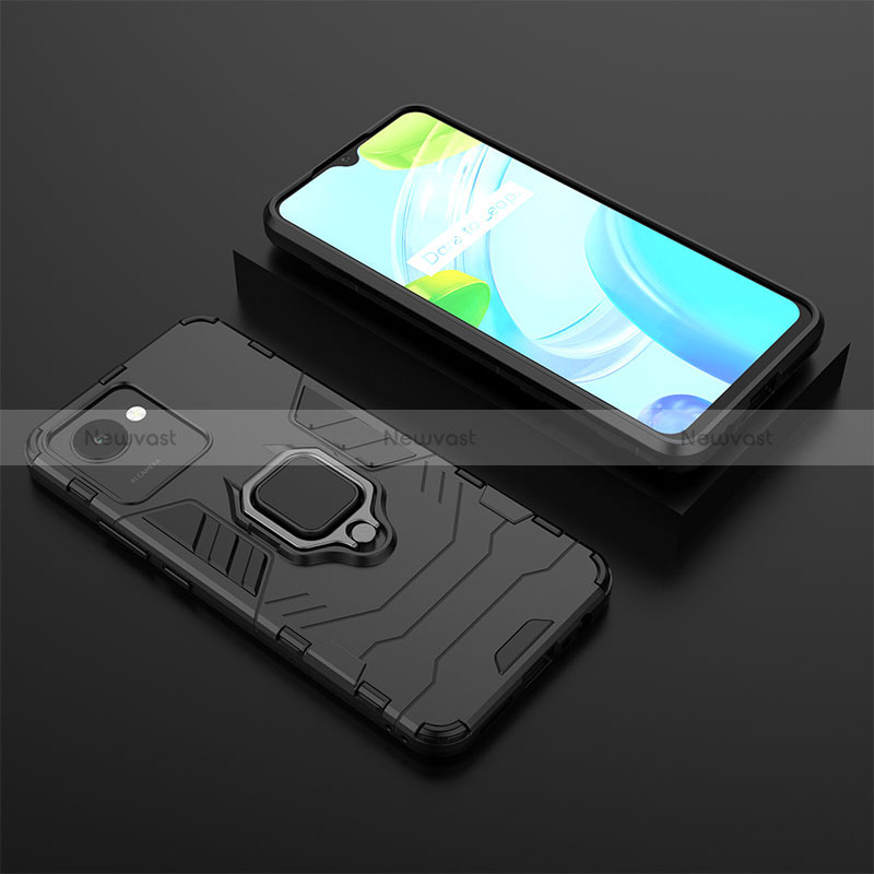 Silicone Matte Finish and Plastic Back Cover Case with Magnetic Finger Ring Stand KC2 for Realme C30 Black