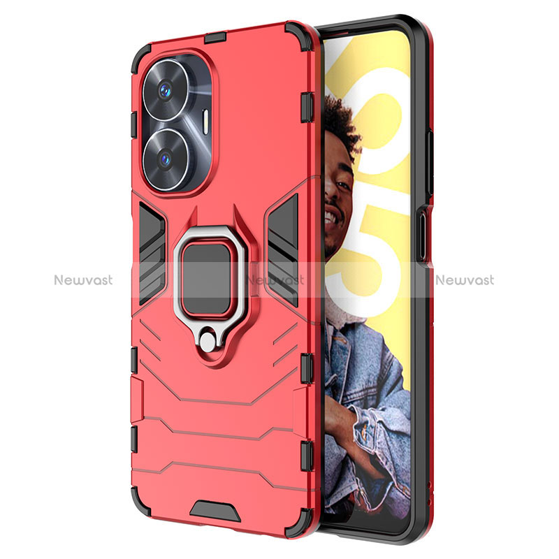 Silicone Matte Finish and Plastic Back Cover Case with Magnetic Finger Ring Stand KC2 for Realme C55