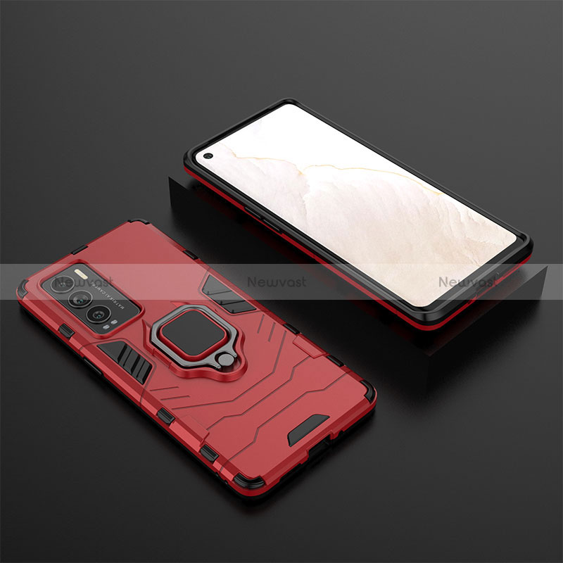 Silicone Matte Finish and Plastic Back Cover Case with Magnetic Finger Ring Stand KC2 for Realme GT Master Explorer 5G Red