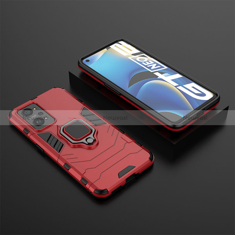 Silicone Matte Finish and Plastic Back Cover Case with Magnetic Finger Ring Stand KC2 for Realme GT Neo2 5G