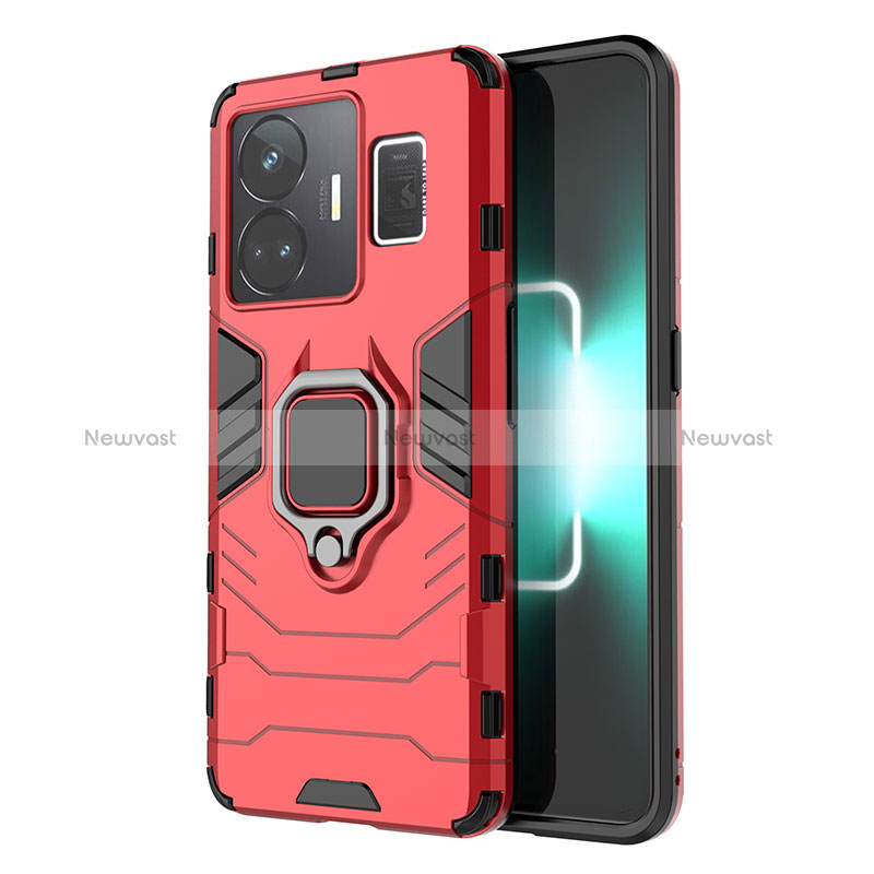 Silicone Matte Finish and Plastic Back Cover Case with Magnetic Finger Ring Stand KC2 for Realme GT Neo5 240W 5G Red