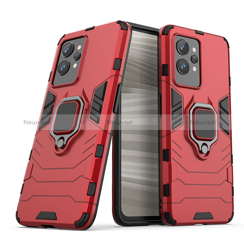 Silicone Matte Finish and Plastic Back Cover Case with Magnetic Finger Ring Stand KC2 for Realme GT2 Pro 5G Red