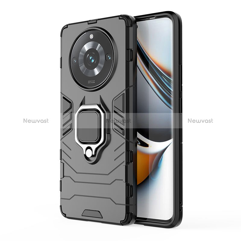 Silicone Matte Finish and Plastic Back Cover Case with Magnetic Finger Ring Stand KC2 for Realme Narzo 60 Pro 5G Black