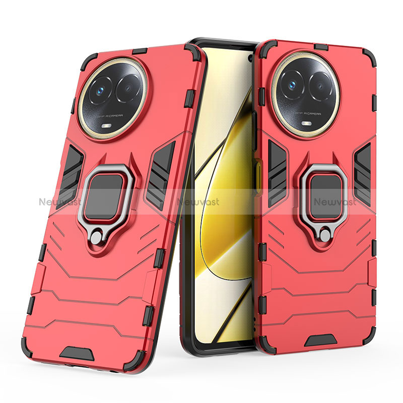 Silicone Matte Finish and Plastic Back Cover Case with Magnetic Finger Ring Stand KC2 for Realme V50 5G Red