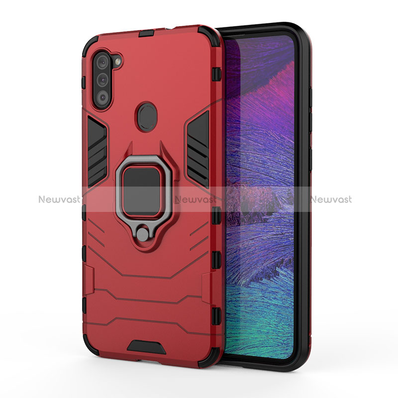 Silicone Matte Finish and Plastic Back Cover Case with Magnetic Finger Ring Stand KC2 for Samsung Galaxy A11 Red