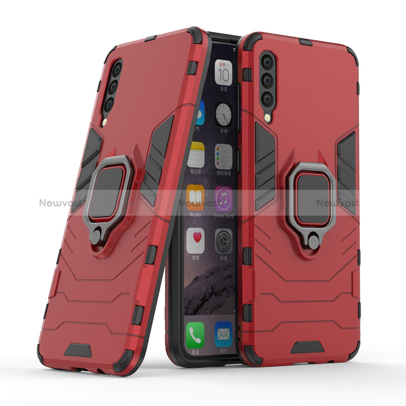 Silicone Matte Finish and Plastic Back Cover Case with Magnetic Finger Ring Stand KC2 for Samsung Galaxy A50 Red