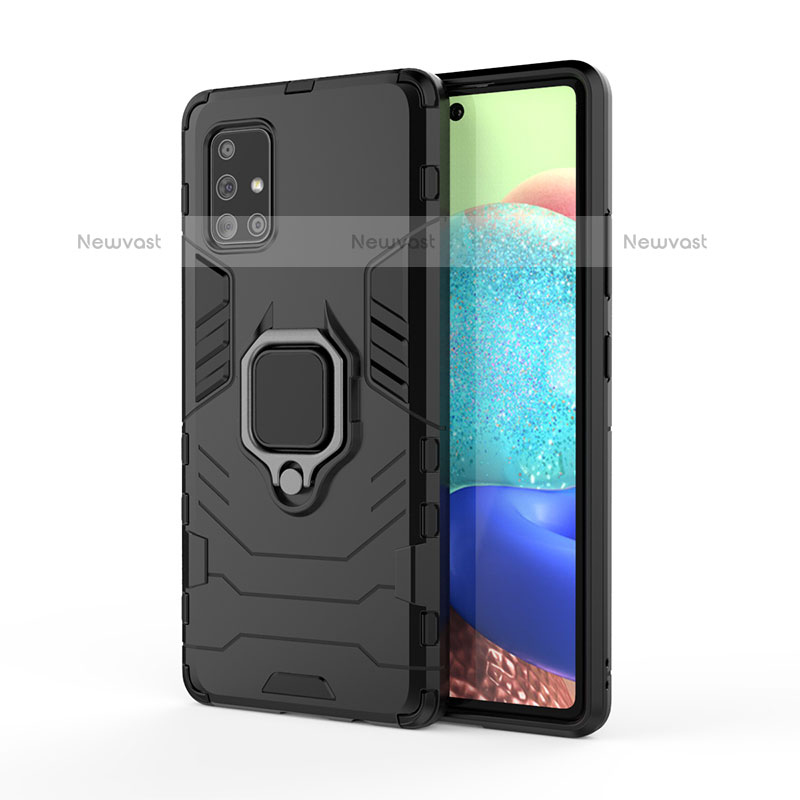 Silicone Matte Finish and Plastic Back Cover Case with Magnetic Finger Ring Stand KC2 for Samsung Galaxy A71 4G A715 Black