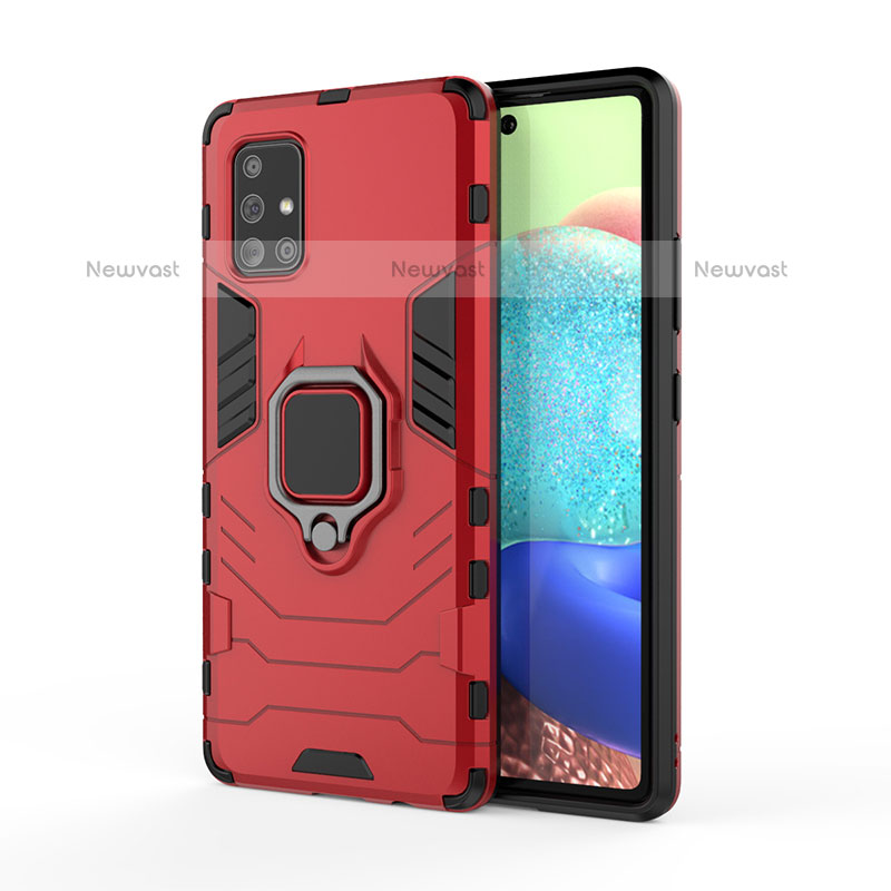 Silicone Matte Finish and Plastic Back Cover Case with Magnetic Finger Ring Stand KC2 for Samsung Galaxy A71 4G A715 Red