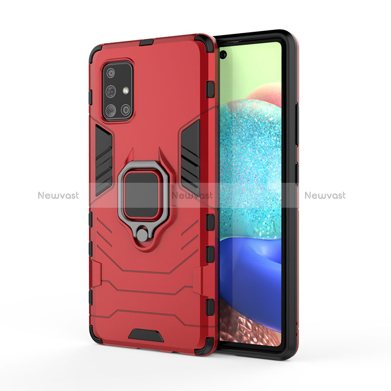 Silicone Matte Finish and Plastic Back Cover Case with Magnetic Finger Ring Stand KC2 for Samsung Galaxy A71 5G Red