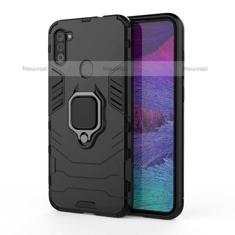 Silicone Matte Finish and Plastic Back Cover Case with Magnetic Finger Ring Stand KC2 for Samsung Galaxy M11 Black