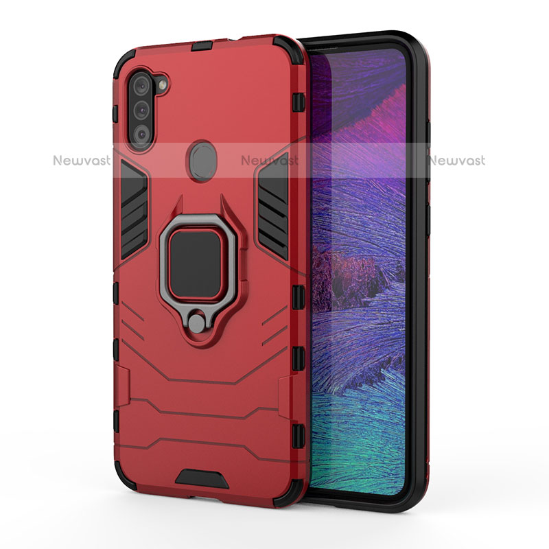 Silicone Matte Finish and Plastic Back Cover Case with Magnetic Finger Ring Stand KC2 for Samsung Galaxy M11 Red