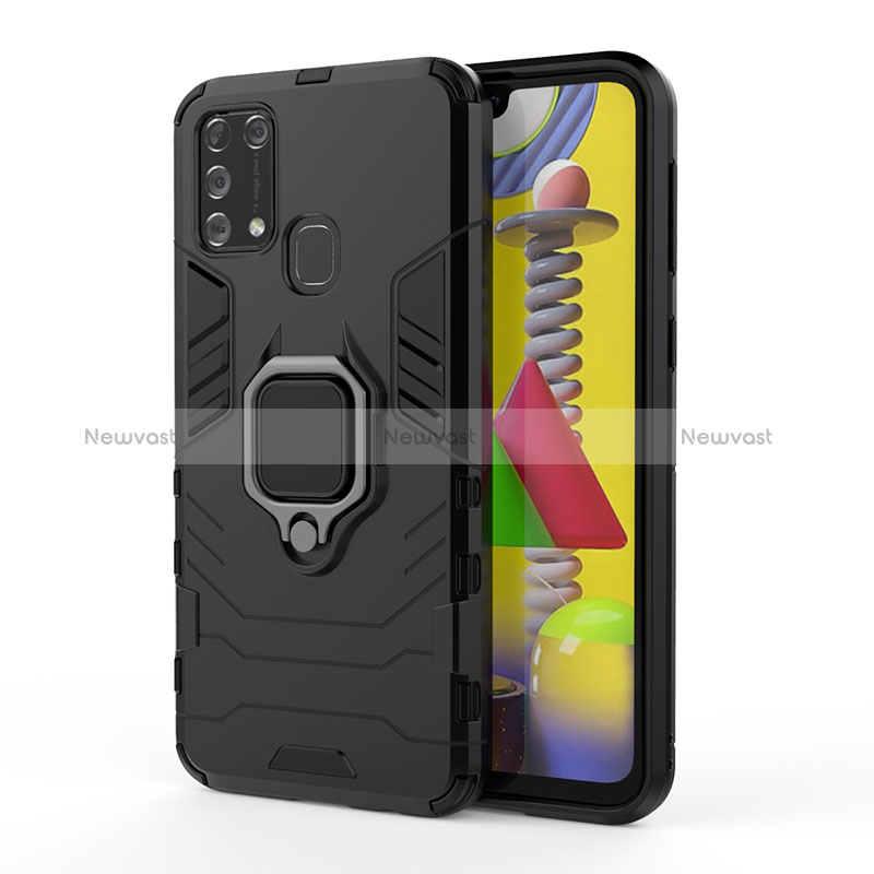 Silicone Matte Finish and Plastic Back Cover Case with Magnetic Finger Ring Stand KC2 for Samsung Galaxy M31 Prime Edition Black