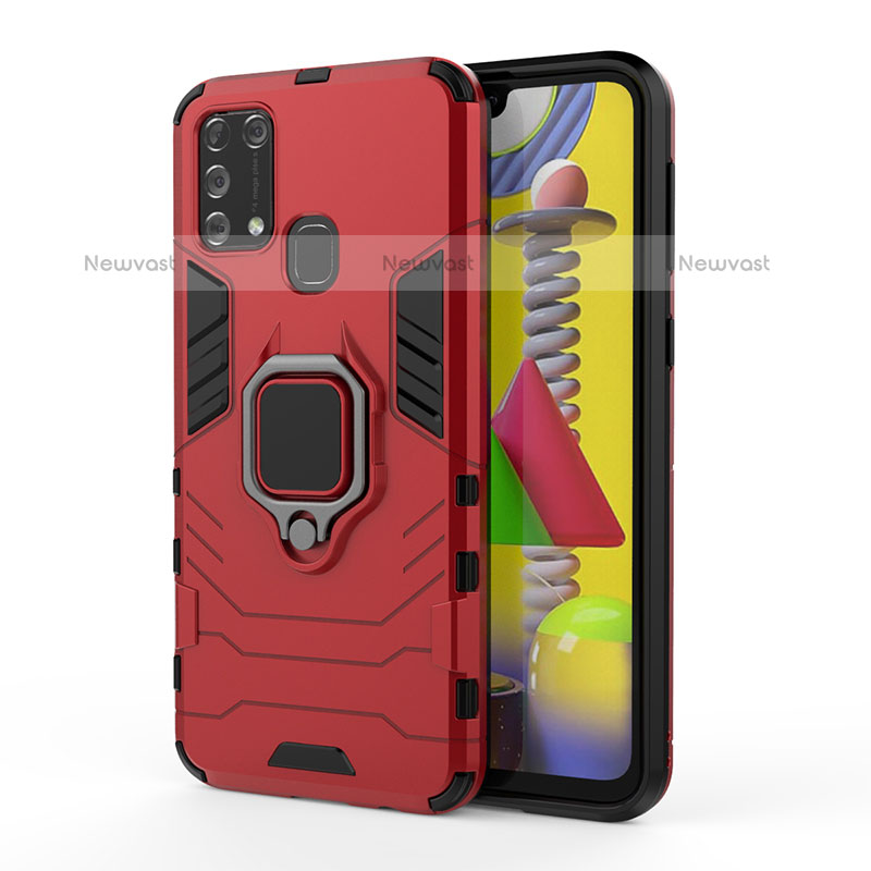 Silicone Matte Finish and Plastic Back Cover Case with Magnetic Finger Ring Stand KC2 for Samsung Galaxy M31 Red