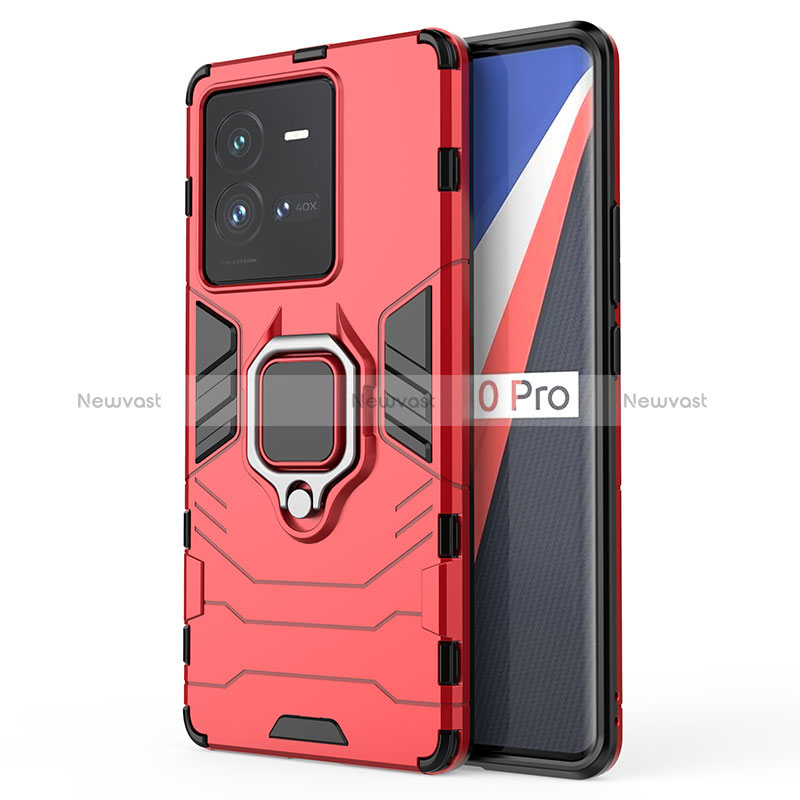 Silicone Matte Finish and Plastic Back Cover Case with Magnetic Finger Ring Stand KC2 for Vivo iQOO 10 Pro 5G Red