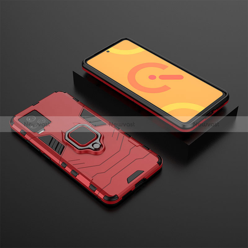 Silicone Matte Finish and Plastic Back Cover Case with Magnetic Finger Ring Stand KC2 for Vivo iQOO 7 5G Red