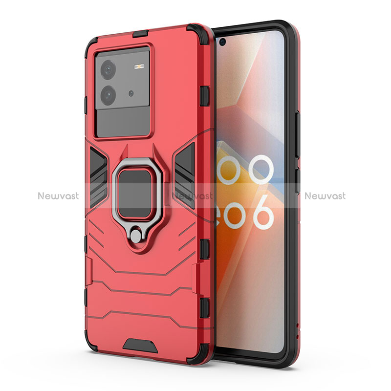 Silicone Matte Finish and Plastic Back Cover Case with Magnetic Finger Ring Stand KC2 for Vivo iQOO Neo6 5G Red