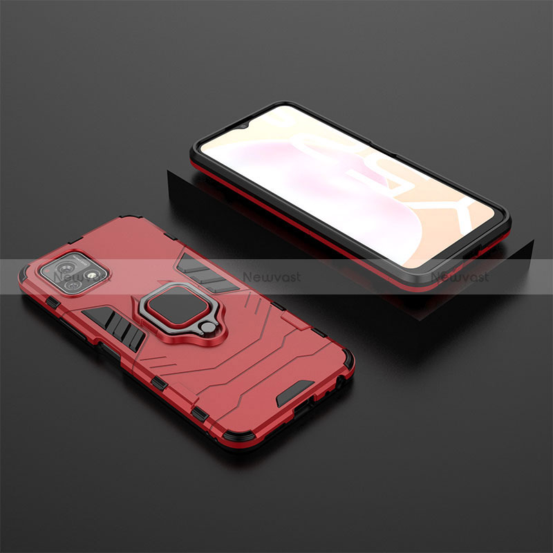 Silicone Matte Finish and Plastic Back Cover Case with Magnetic Finger Ring Stand KC2 for Vivo iQOO U3 5G Red