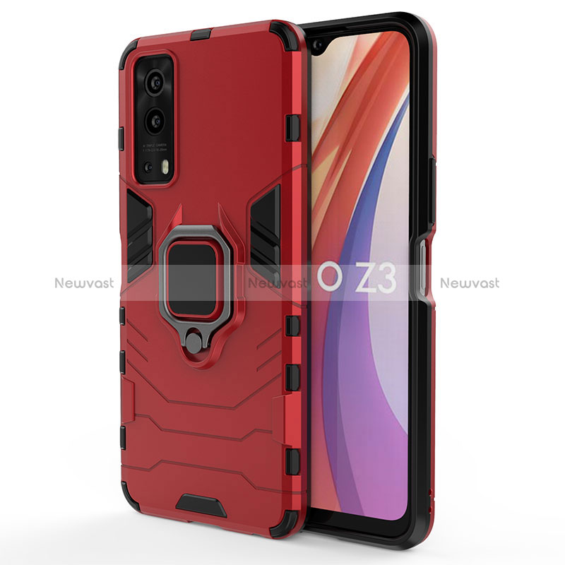 Silicone Matte Finish and Plastic Back Cover Case with Magnetic Finger Ring Stand KC2 for Vivo iQOO Z3 5G Red