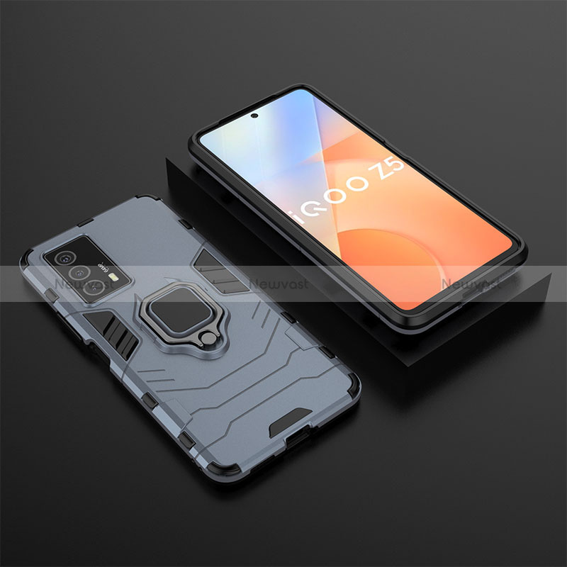 Silicone Matte Finish and Plastic Back Cover Case with Magnetic Finger Ring Stand KC2 for Vivo iQOO Z5 5G