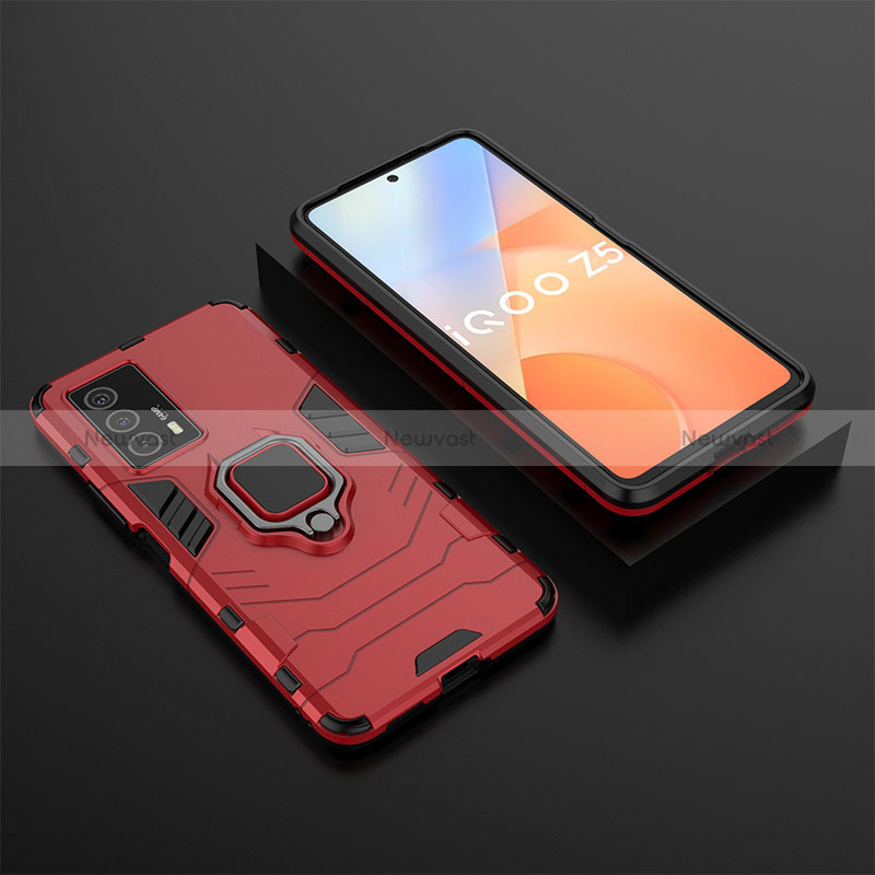 Silicone Matte Finish and Plastic Back Cover Case with Magnetic Finger Ring Stand KC2 for Vivo iQOO Z5 5G Red