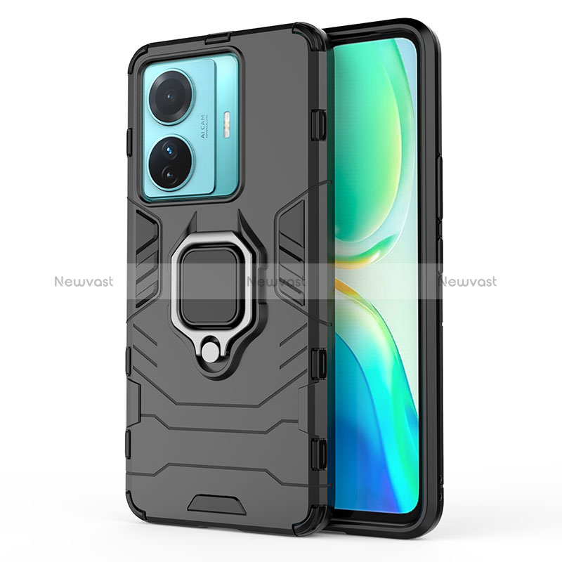 Silicone Matte Finish and Plastic Back Cover Case with Magnetic Finger Ring Stand KC2 for Vivo iQOO Z6 Pro 5G