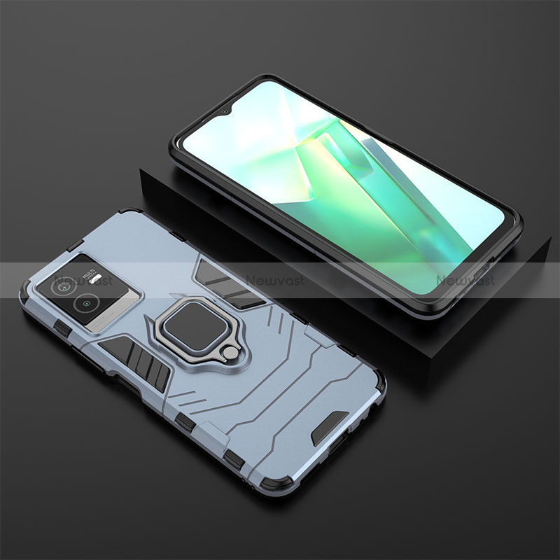 Silicone Matte Finish and Plastic Back Cover Case with Magnetic Finger Ring Stand KC2 for Vivo iQOO Z6x