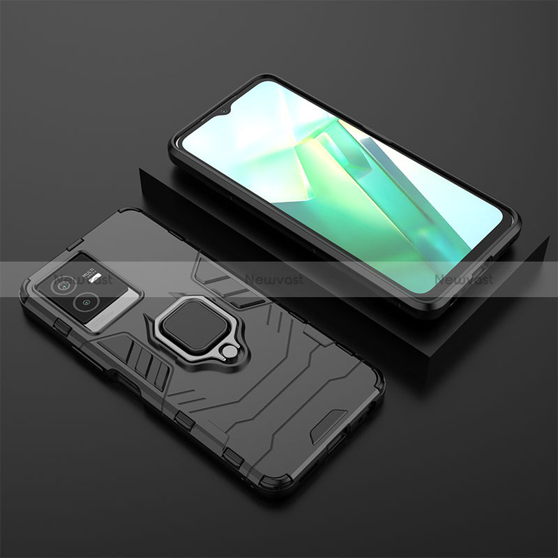 Silicone Matte Finish and Plastic Back Cover Case with Magnetic Finger Ring Stand KC2 for Vivo T2x 5G