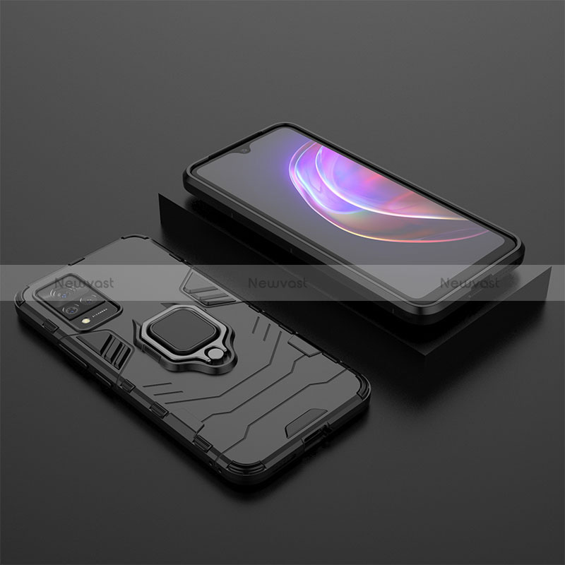 Silicone Matte Finish and Plastic Back Cover Case with Magnetic Finger Ring Stand KC2 for Vivo V21 5G