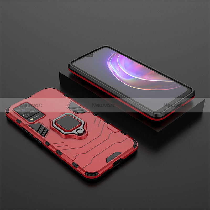 Silicone Matte Finish and Plastic Back Cover Case with Magnetic Finger Ring Stand KC2 for Vivo V21 5G