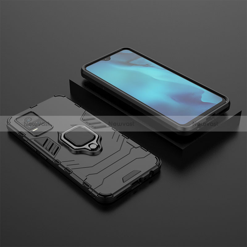 Silicone Matte Finish and Plastic Back Cover Case with Magnetic Finger Ring Stand KC2 for Vivo V21e 4G