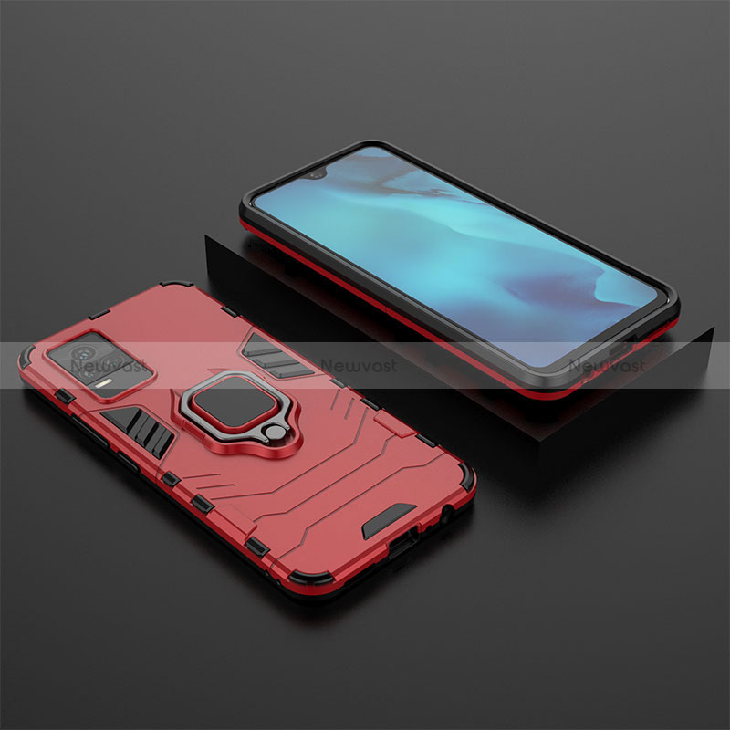 Silicone Matte Finish and Plastic Back Cover Case with Magnetic Finger Ring Stand KC2 for Vivo V21e 4G