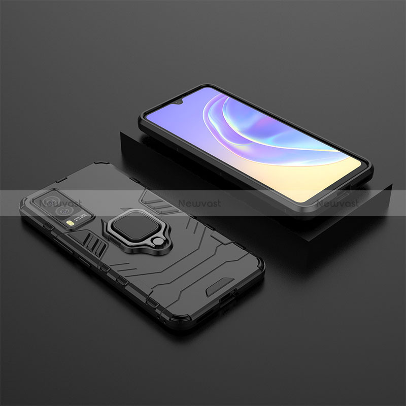 Silicone Matte Finish and Plastic Back Cover Case with Magnetic Finger Ring Stand KC2 for Vivo V21e 5G