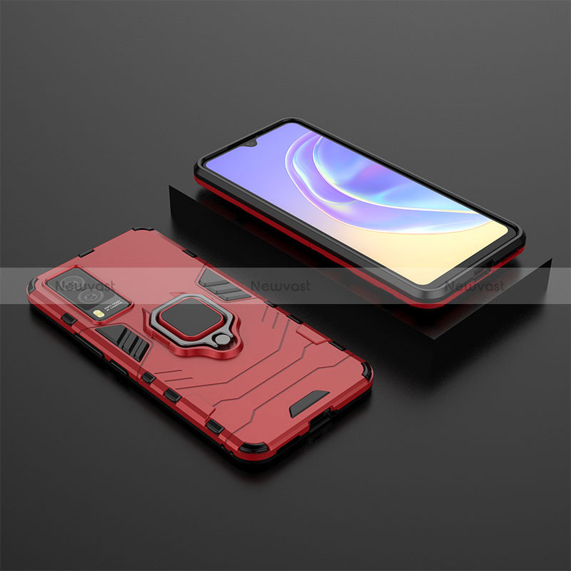 Silicone Matte Finish and Plastic Back Cover Case with Magnetic Finger Ring Stand KC2 for Vivo V21e 5G