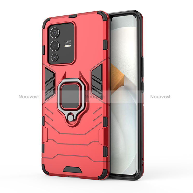 Silicone Matte Finish and Plastic Back Cover Case with Magnetic Finger Ring Stand KC2 for Vivo V23 Pro 5G Red
