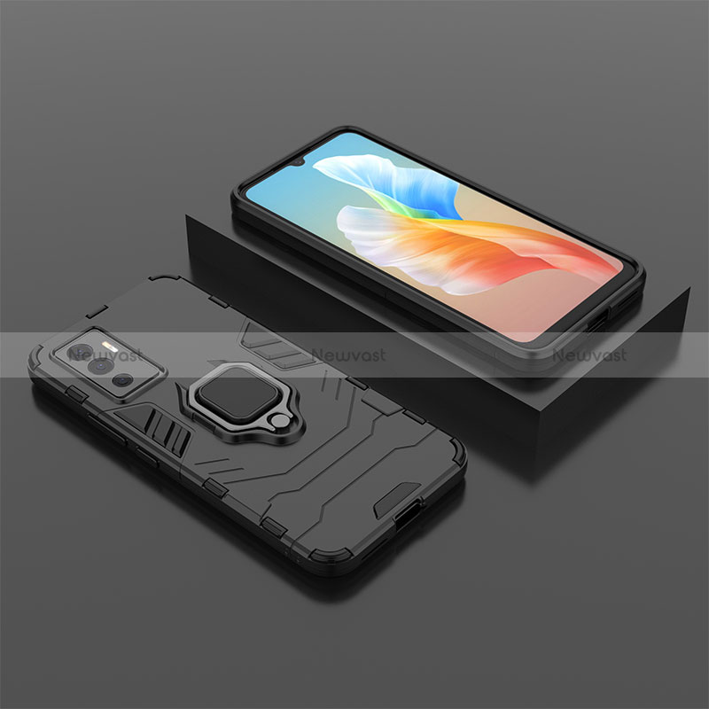 Silicone Matte Finish and Plastic Back Cover Case with Magnetic Finger Ring Stand KC2 for Vivo V23e 5G Black