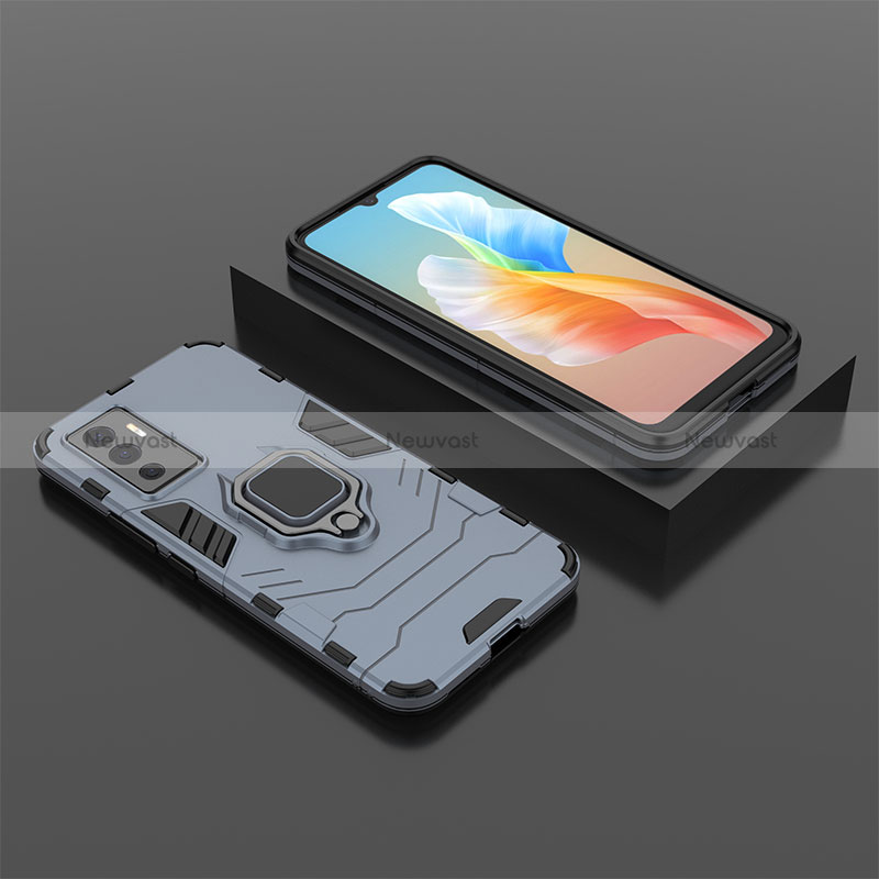 Silicone Matte Finish and Plastic Back Cover Case with Magnetic Finger Ring Stand KC2 for Vivo V23e 5G Blue