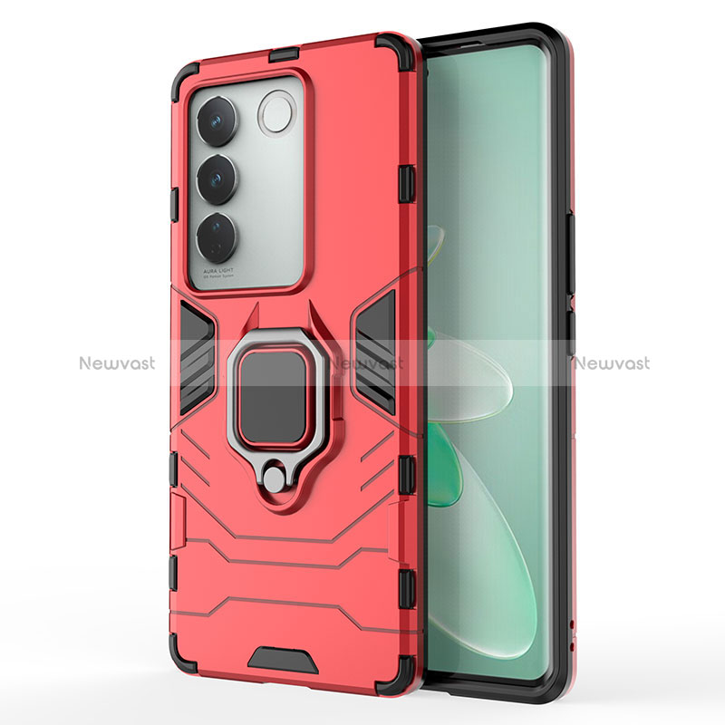 Silicone Matte Finish and Plastic Back Cover Case with Magnetic Finger Ring Stand KC2 for Vivo V27 5G