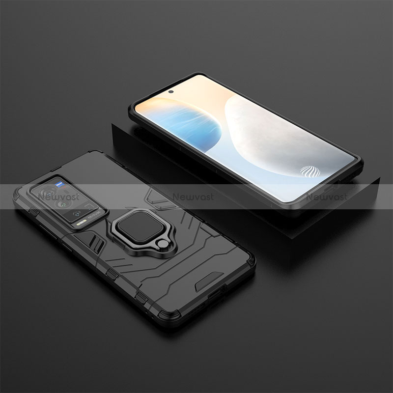 Silicone Matte Finish and Plastic Back Cover Case with Magnetic Finger Ring Stand KC2 for Vivo X60 Pro+ Plus 5G