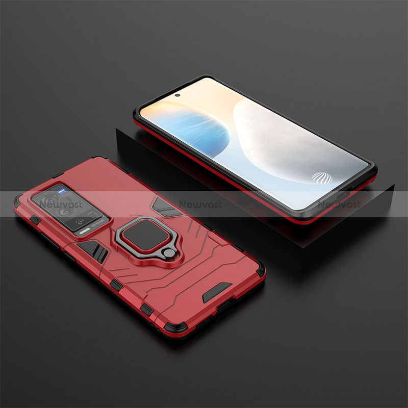 Silicone Matte Finish and Plastic Back Cover Case with Magnetic Finger Ring Stand KC2 for Vivo X60 Pro+ Plus 5G