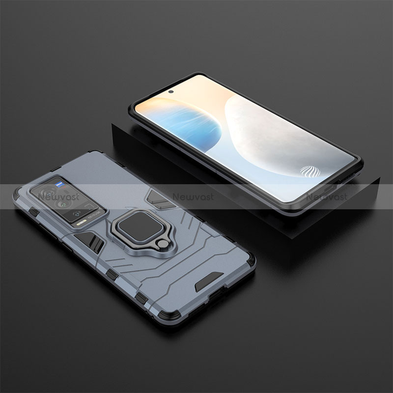 Silicone Matte Finish and Plastic Back Cover Case with Magnetic Finger Ring Stand KC2 for Vivo X60 Pro+ Plus 5G