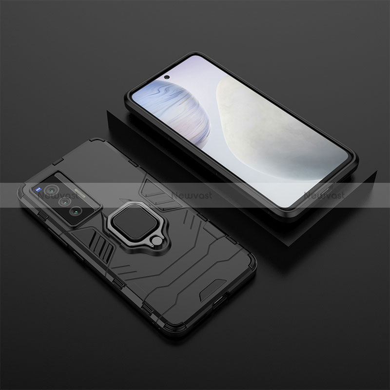 Silicone Matte Finish and Plastic Back Cover Case with Magnetic Finger Ring Stand KC2 for Vivo X70 5G