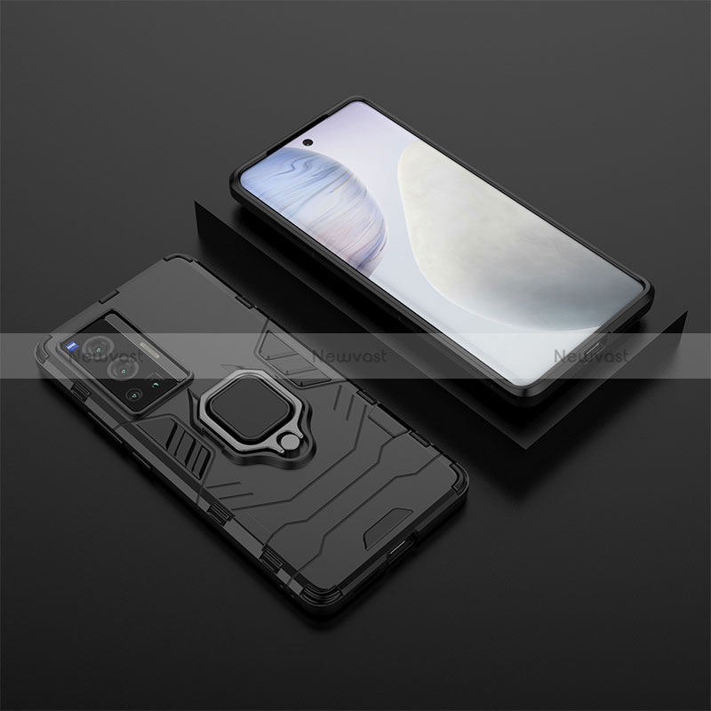 Silicone Matte Finish and Plastic Back Cover Case with Magnetic Finger Ring Stand KC2 for Vivo X70 Pro 5G Black