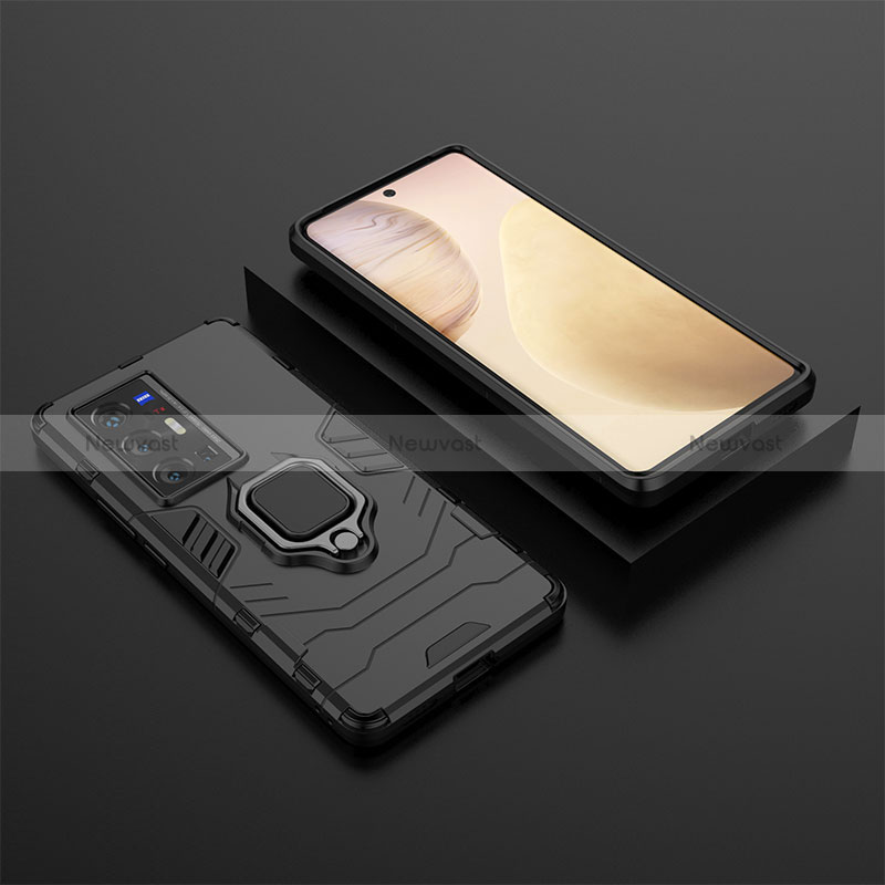 Silicone Matte Finish and Plastic Back Cover Case with Magnetic Finger Ring Stand KC2 for Vivo X70 Pro+ Plus 5G