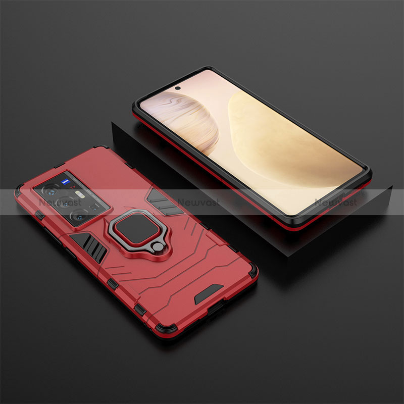 Silicone Matte Finish and Plastic Back Cover Case with Magnetic Finger Ring Stand KC2 for Vivo X70 Pro+ Plus 5G